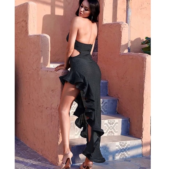 BLACK HALTER NECKLINE GLITTER CUT OUT SIDE WITH SLIT RUFFLE BODYCON MAX… - Picture 3 of 7